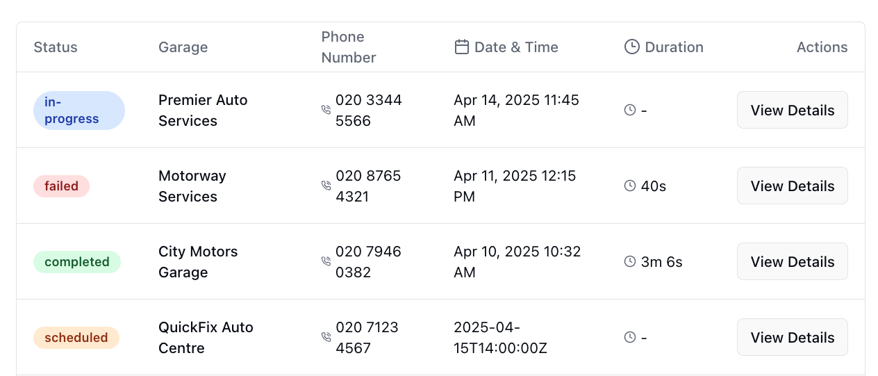 AI communication interface showing automated messaging with garages