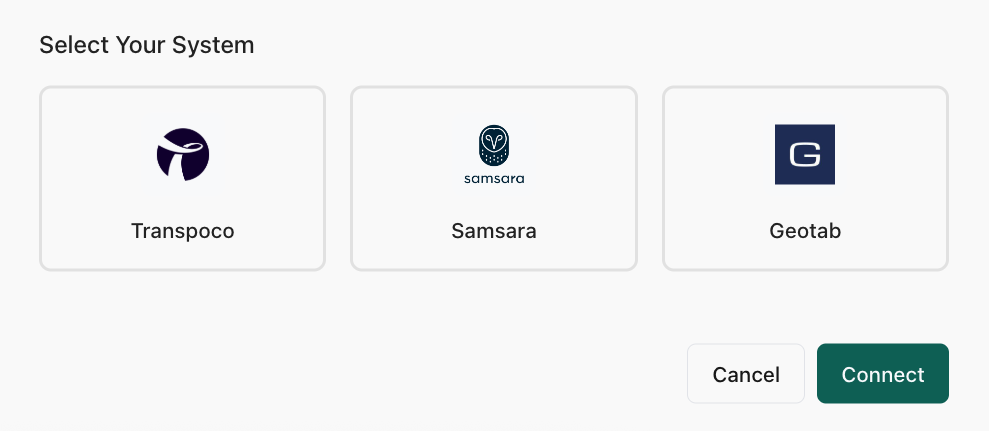Integration selection screen showing connection options for fleet management systems